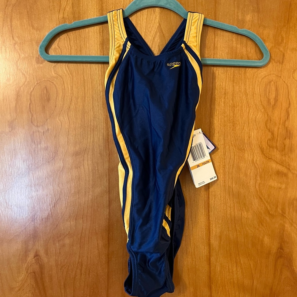Speedo Girls Racing Xtra Life Lycra Swimsuit Vintage Navy Gold NWT Youth Size 24